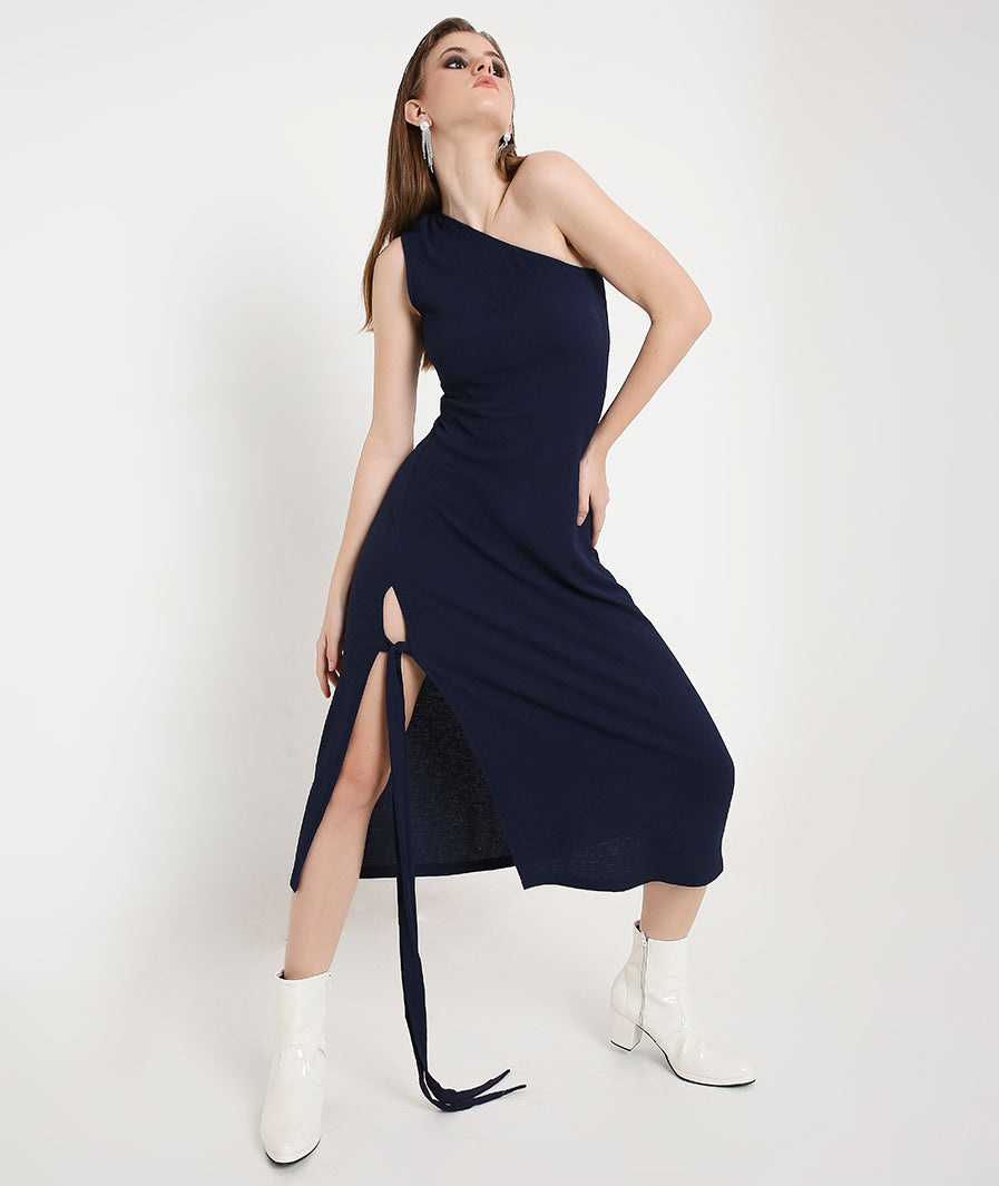 Off-Shoulder Cocktail Dress with a Side Sash-Navy Blue
